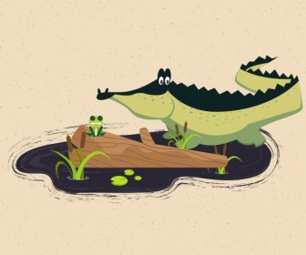 Wild Nature Background Crocodile Frog Icons Colored Cartoon