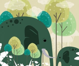 Wild Nature Background Elephant Icons Multicolored Sketch