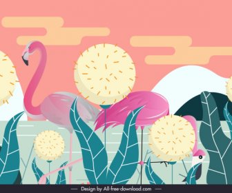 Wild Nature Background Flamingo Dandelion Sketch