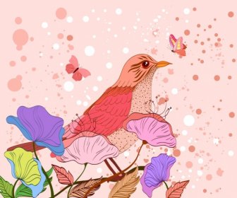 Wild Nature Background Pink Bird Butterfly Leaves Icons