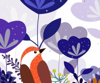 野生自然背景的紫色花鳥圖標裝潢