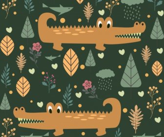 Wild Nature Background Repeating Cartoon Design Crocodile Icons