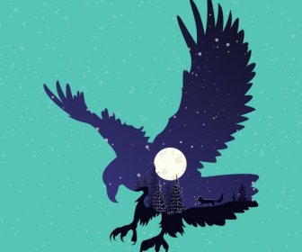 Wilde Natur Hintergrund Silhouette Adler Mondlicht Bäume Symbole Dekor