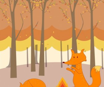Wild Nature Background Stylized Fox Icons Cartoon Decoration