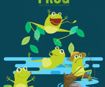 Wild Nature Background Stylized Green Frogs Icons