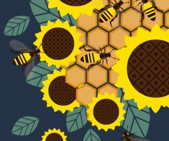 Wild Nature Background Sunflower Honeybee Comb Icons Decor