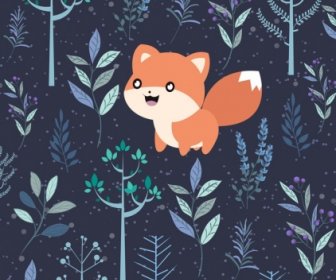 Wild Nature Background Trees Fox Icons Cartoon Design