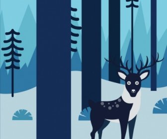 Wild Nature Drawing Dark Blue Landscape Reindeer Icon