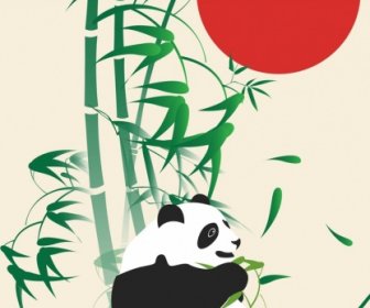 Wild Nature Drawing Panda Bamboo Red Sun Decoration