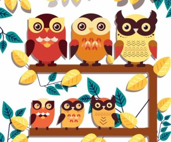 Wild Nature Drawing Perching Owl Leaves Icons