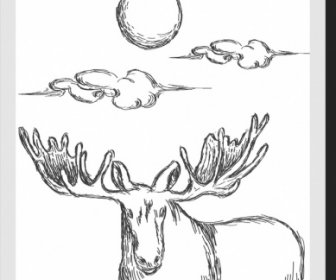 Wild Nature Drawing Reindeer Sun Cloud Handdrawn Sketch