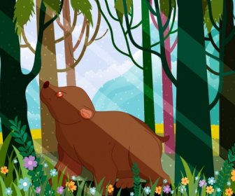 Lukisan Alam Liar Dekorasi Ikon Bunga Hutan Beruang