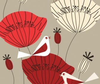 Wilde Natur Malerei Vögel Blumen Symbole Handgezeichneten Skizze