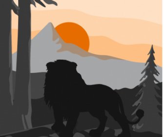 Wild Nature Painting Lion Mountain Sketch Dark Silhouette