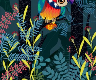 Wild Nature Painting Owl Jungle Sketch Colorful Cartoon