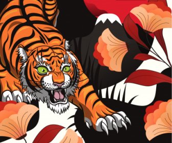 Natureza Selvagem Pintura Tigre Flora Esboço Clássico Colorido