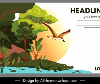 Wild Nature Poster Alligator Bird Forest Sketch