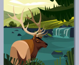 الطبيعة البرية ملصق الرنة بحيرة رسم تصميم الرسوم المتحركة