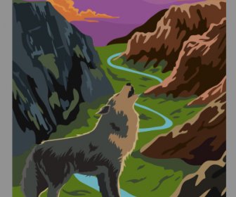 Wild Nature Poster Wolf Mountain Sketch Desain Klasik