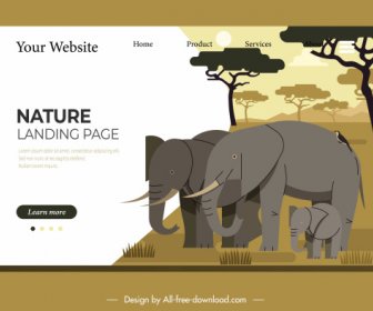 Nature Sauvage Site Web Modèle éléphant Croquis Handdrawn Plat