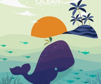Wilder Ozean Hintergrund Insel Wal Symbole
