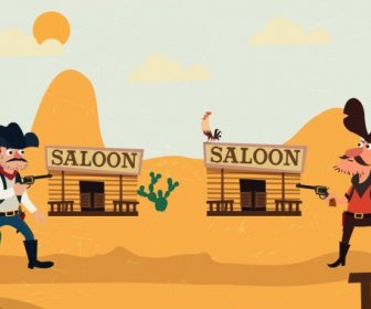 Wild West Background Fighting Cowboy Icons Colored Cartoon