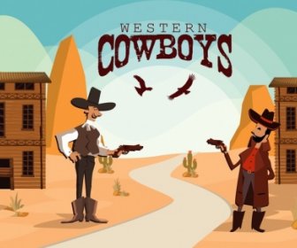 Wild West Banner Cowboy Duel Colored Cartoon