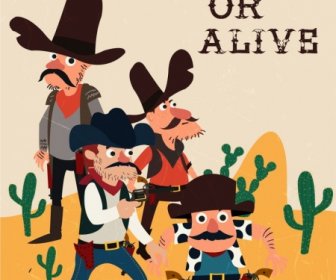 Wild West Banner Cowboy Icons Colored Cartoon