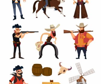 Wild West Design Elements Cartoon Characters Symbols Sketch