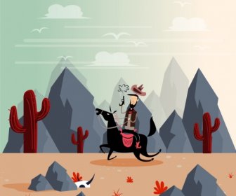 野生の西の図面カウボーイ砂漠アイコンのカラー漫画