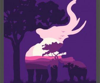 Wildnis Hintergrund Elefant Verschwommene Silhouette Dunkle Landschaft Dekor