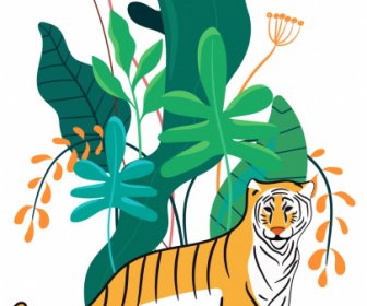 ภาพวาดป่าเสือร่างที่มีสีสัน Handdrawn แบน