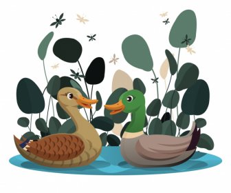 Wilderness Painting Wild Ducks Pond Sketch Cartoon Design
