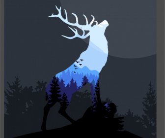 Wildlife Backgroud Dark Black Blurred Silhouette Reindeer Sketch