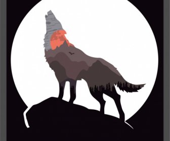 야생 동물 백그로트 늑대 달 숲 실루엣 플랫 어두운