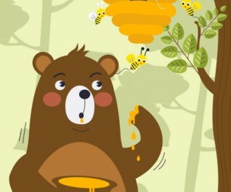 Wildlife Background Bear Honeybees Icons Stylized Cartoon