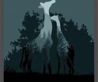 Wildlife Background Blurred Silhouette Giraffes Forest Scenery Combination