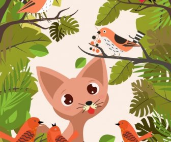 Wildlife Background Cat Bird Tree Decoration Colored Cartoon