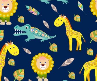 Wildlife Background Crocodile Giraffe Lion Icons Repeating Design