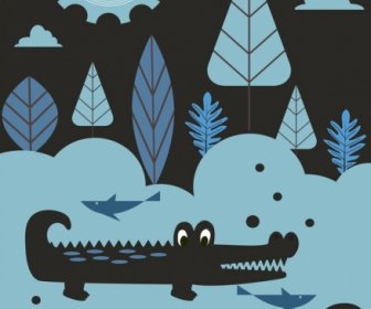 野生動物背景深色卡通鱷魚太陽圖標