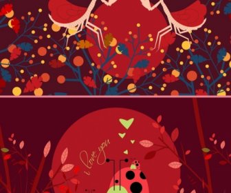 야생 동물 배경 어두운 빨간색 디자인 메뚜기 무당벌레 아이콘