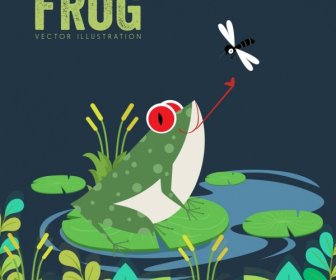 野生動物青蛙蜻蜓彩色卡通圖標背景