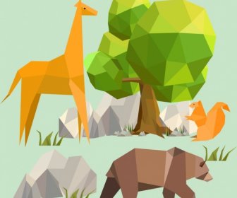 Wildlife Background Giraffe Bear Squirrel Icons Polygonal Decor