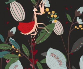 Wildlife Background Mantis Flowers Icons Dark Design