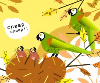 Tierwelt Hintergrund Bild Papagei Nest Symbole Farbenfrohes Design