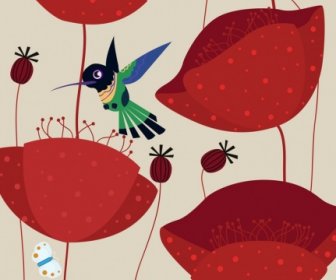 Satwa Liar Latar Belakang Merah Bunga Burung Kupu-kupu Ikon Dekorasi
