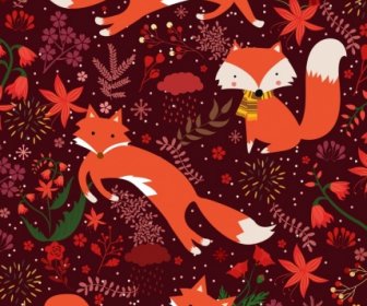 Wildlife Background Red Fox Flores Iconos Repitiendo Diseño
