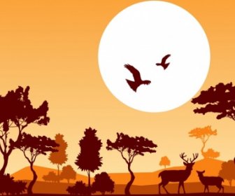 La Fauna Selvatica Sfondo Renne Uccelli Luna Icone Silhouette Design
