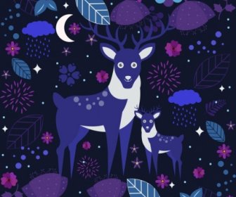 Wildlife Background Reindeer Flowers Icons Dark Purple Decor