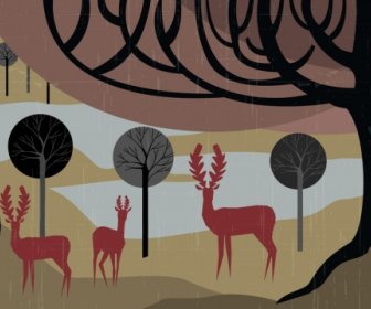 Wildlife Background Reindeer Tree Icons Silhouette Style